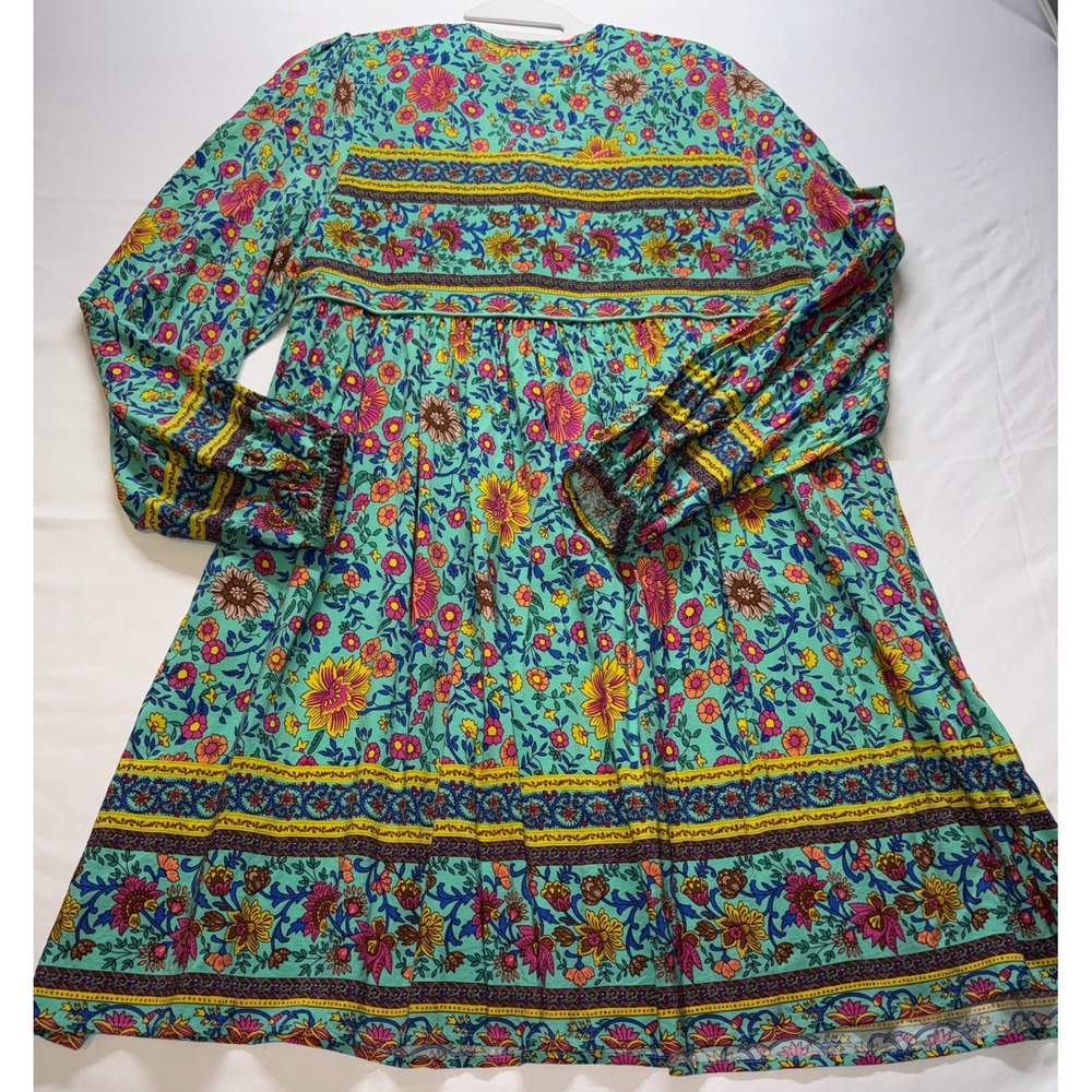 R.Vivimos Floral Boho Dress Womens XL Teal Long Sleeve Tassel Tie Babydoll